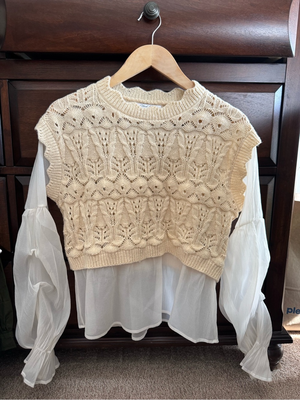 Women’s Cream Knit Overlay Blouse with Sheer Sleeves